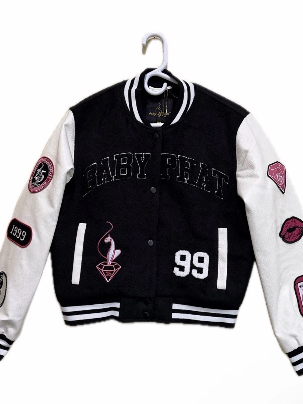 Baby Phat Black & White Varsity Jacket with Pink Patch Accents